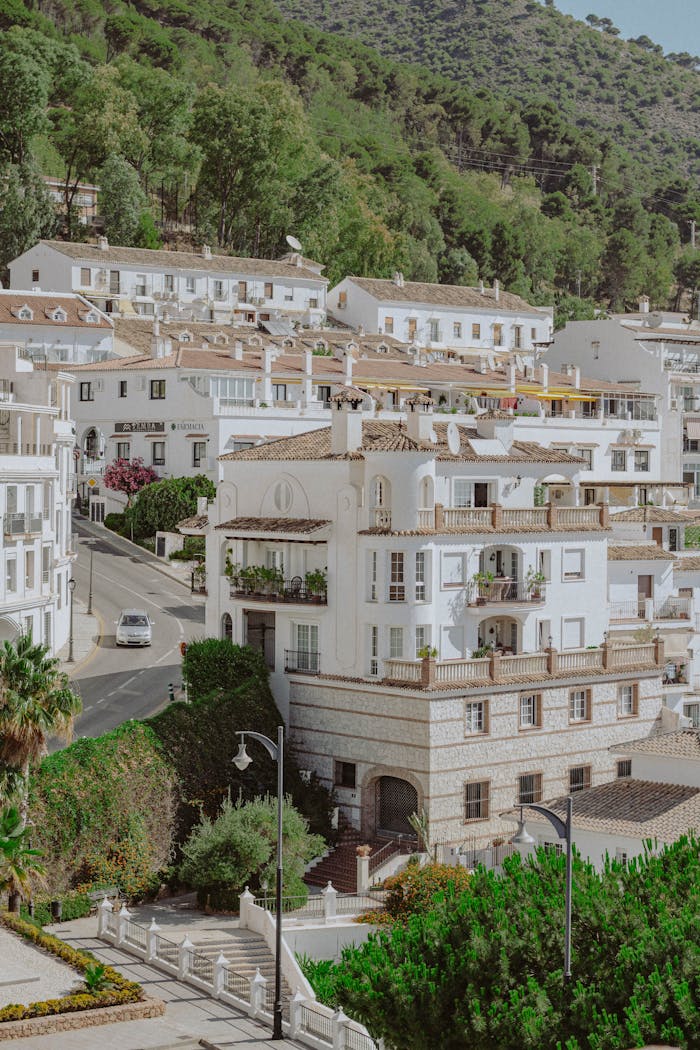 Charming aerial view of hillside village with white houses and lush greenery, showcasing architectural beauty.